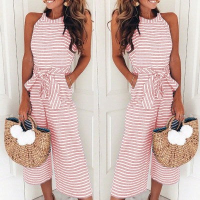 Striped Sexy Bodycon Jumpsuit with Crew Neck
