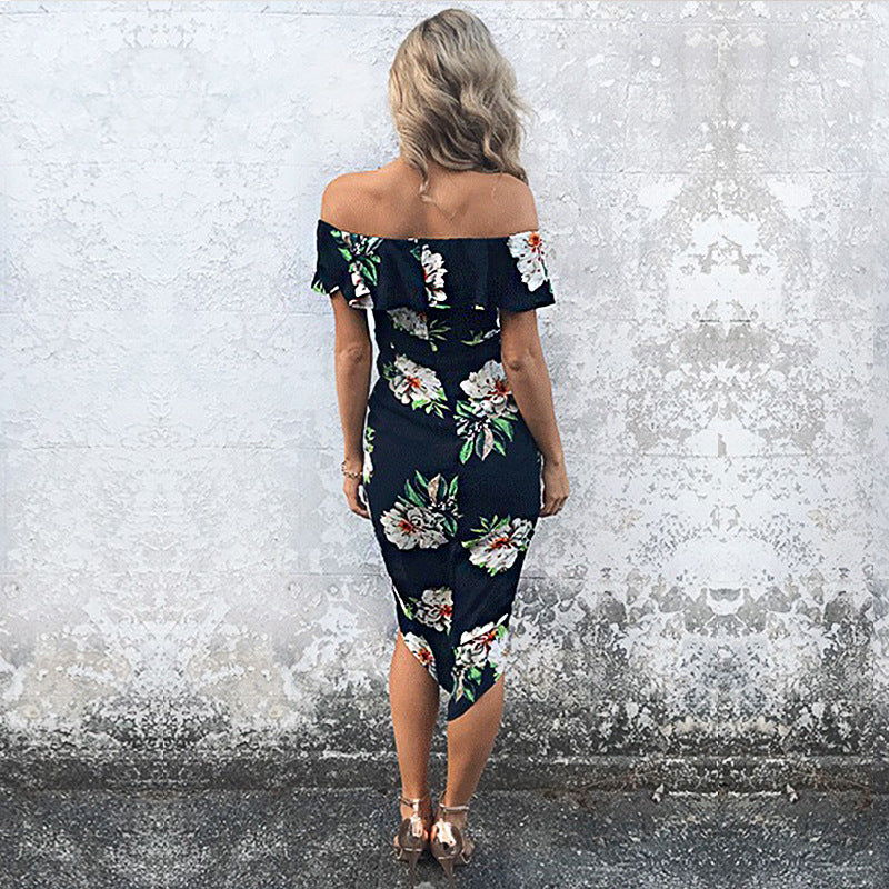 Off-Shoulder Ruffled Floral Chiffon Dress
