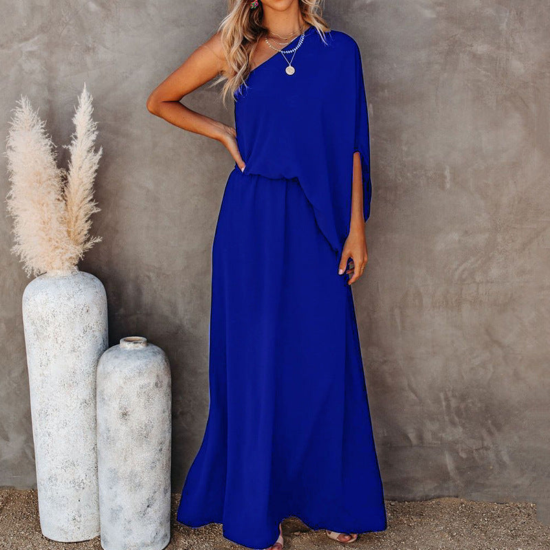 Oblique Collar Off-Shoulder Dress with Side Slit
