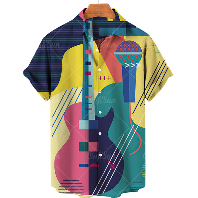 Men's Casual 3D Guitar Print Short Sleeve Shirt