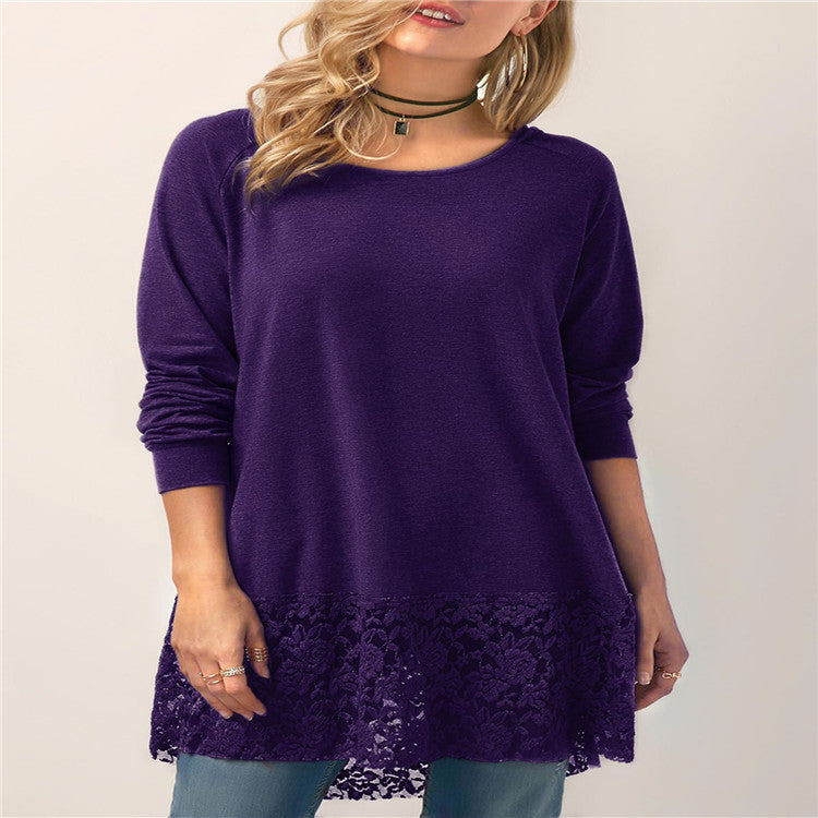 Hooded Long-sleeved T-shirt with Lace Stitching