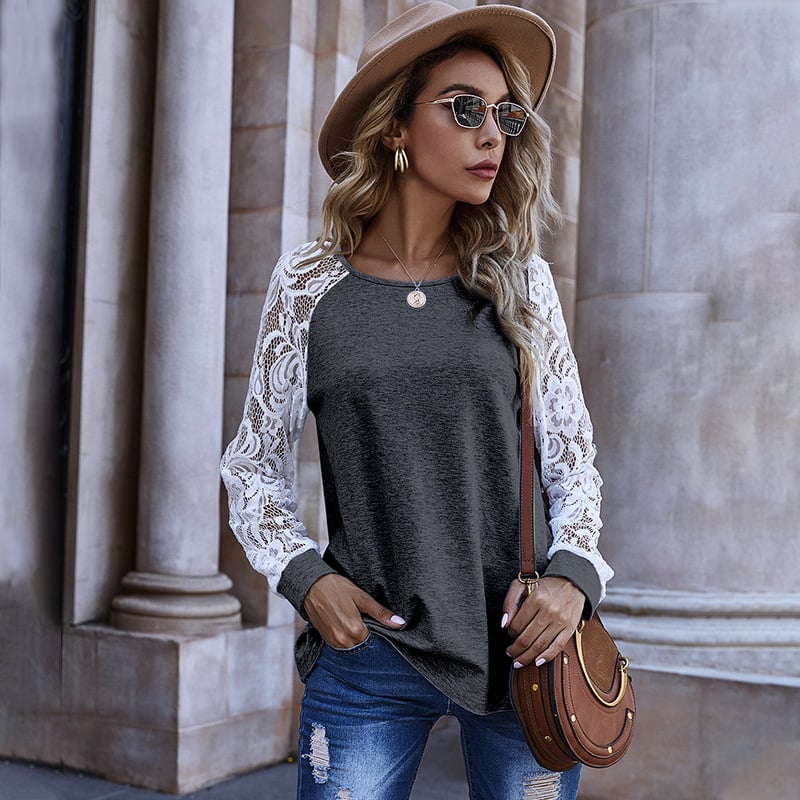 Hollow Lace Long-Sleeved Round Neck Sweater for Women