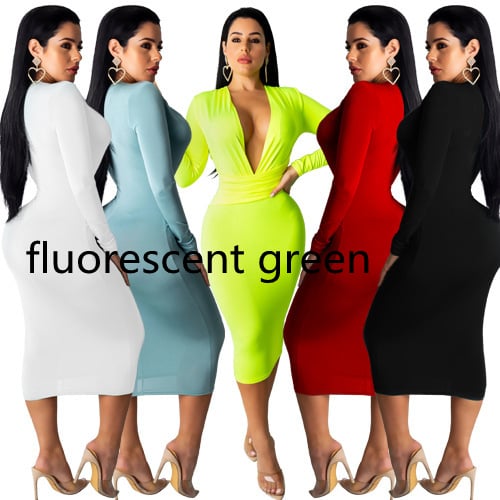 Deep V Neck Long Sleeve Hip Dress