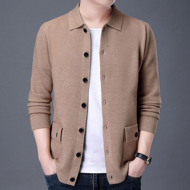 Vintage Knitted Lapel Cardigan for Men in Wool Blend