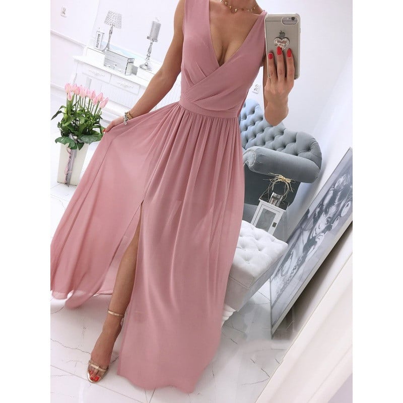 Solid Color V-Neck Dress for Women