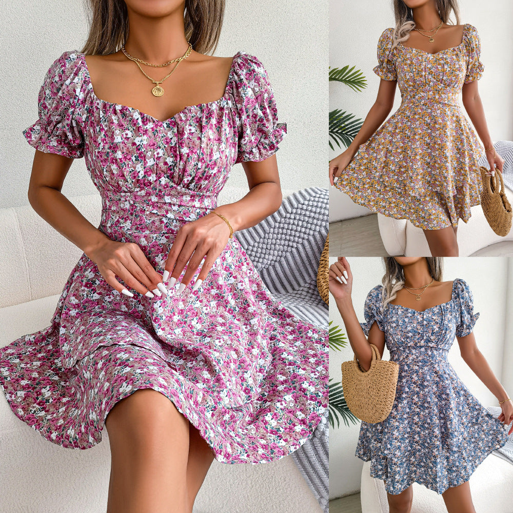 Bohemia Floral Print Puff Sleeve Ruffle Hem Dress