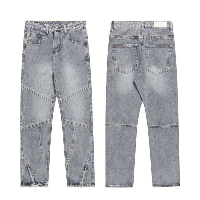 Men's Blue Zipper Splicing Wash Jeans