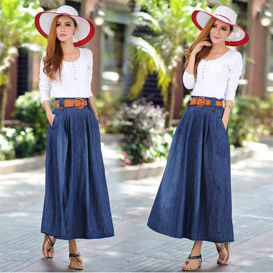 Retro Medium Long Pleated Denim Skirt in National Style