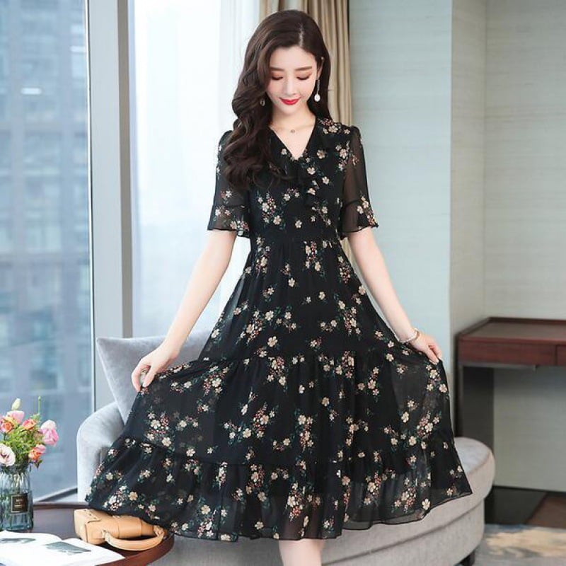 Mid-Length Floral Chiffon Dress for Belly Coverage