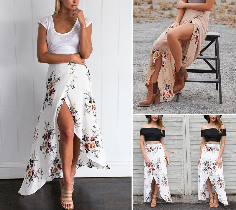 Irregular Lace-Up Maxi Skirt with Floral Print