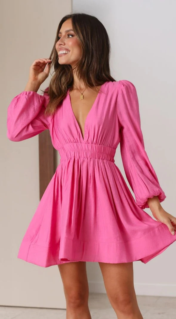 Fashionable Deep V Waist-Defined Long Sleeve Dress