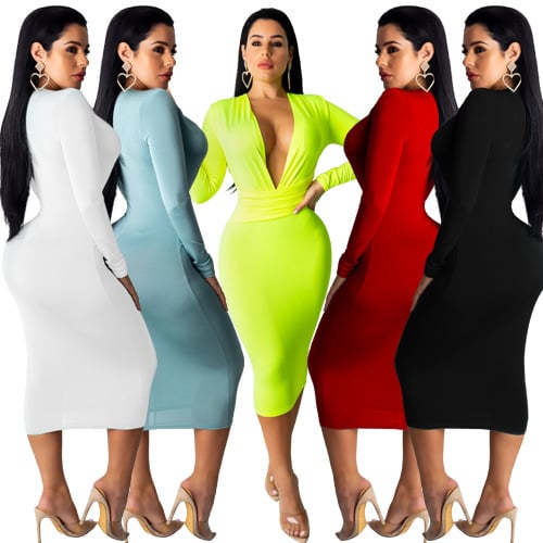 Deep V Neck Long Sleeve Hip Dress