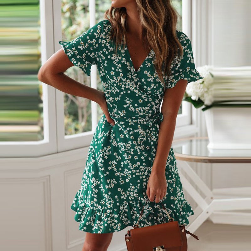 Floral Short-Sleeved Lace-Up Ruffled Chiffon Dress
