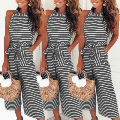 Striped Sexy Bodycon Jumpsuit with Crew Neck