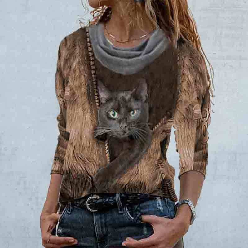 Women's Cat Print Pullover Sweater — Cute Casual Knit Top