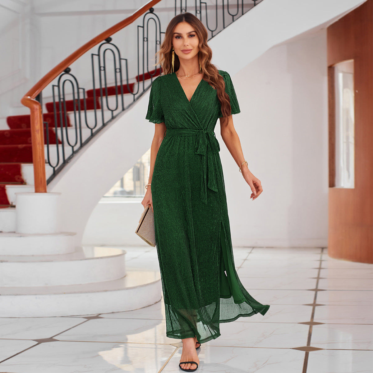 Solid Color V-neck Dress with Strap