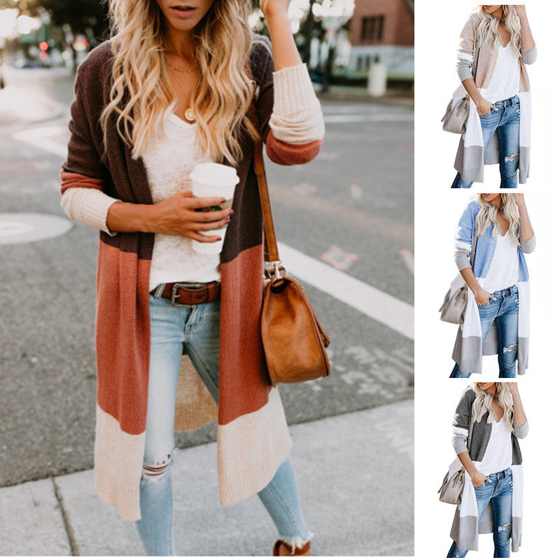 Women's Color Block Cardigan Sweater | Three-Tone Knit | Orange, Khaki, Blue, Grey | S–XXL