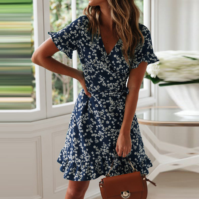 Floral Short-Sleeved Lace-Up Ruffled Chiffon Dress