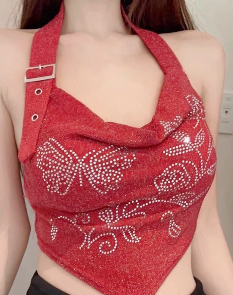 Women's Red Diamond-Studded Irregular Neck Undershirt