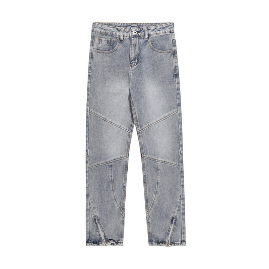 Men's Blue Zipper Splicing Wash Jeans