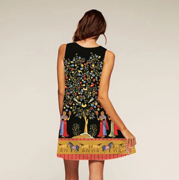 Sleeveless Vintage Round Neck Digital Print Dress