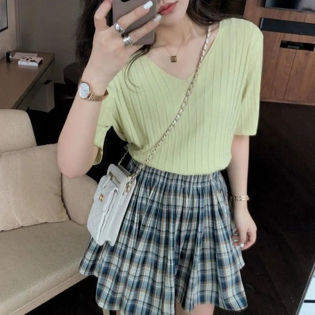 Summer Loose Fit Chicken Heart Collar Ice Silk T-Shirt