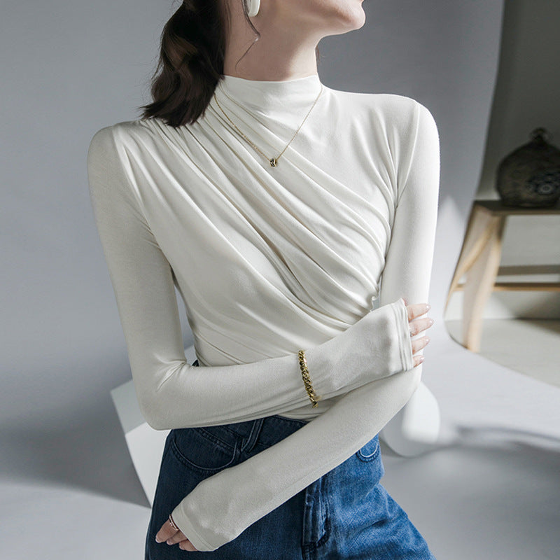 Chic Pleated Turtleneck Long Sleeve Top for Women