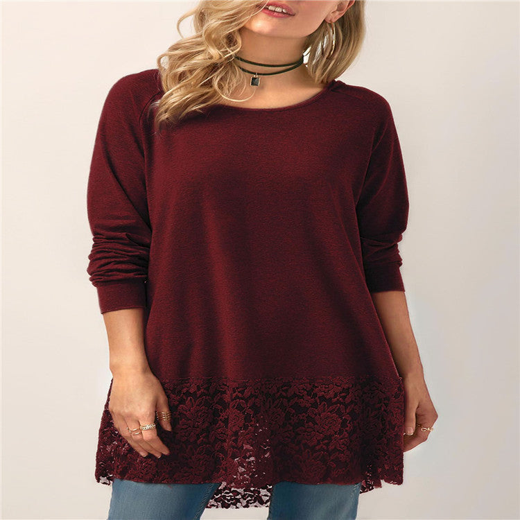 Hooded Long-sleeved T-shirt with Lace Stitching