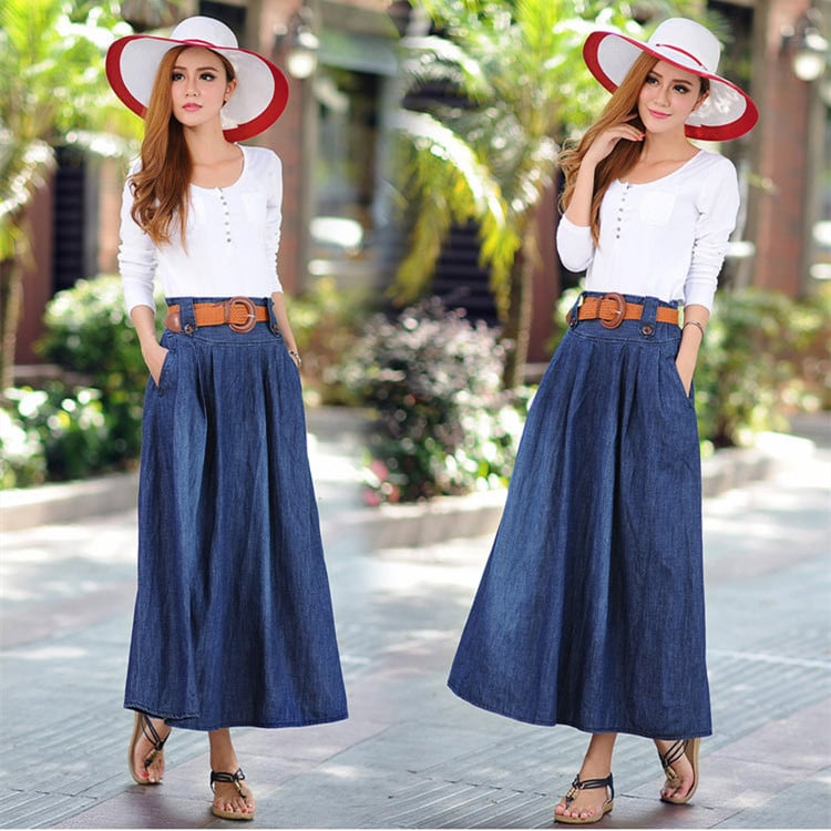 Retro Medium Long Pleated Denim Skirt in National Style