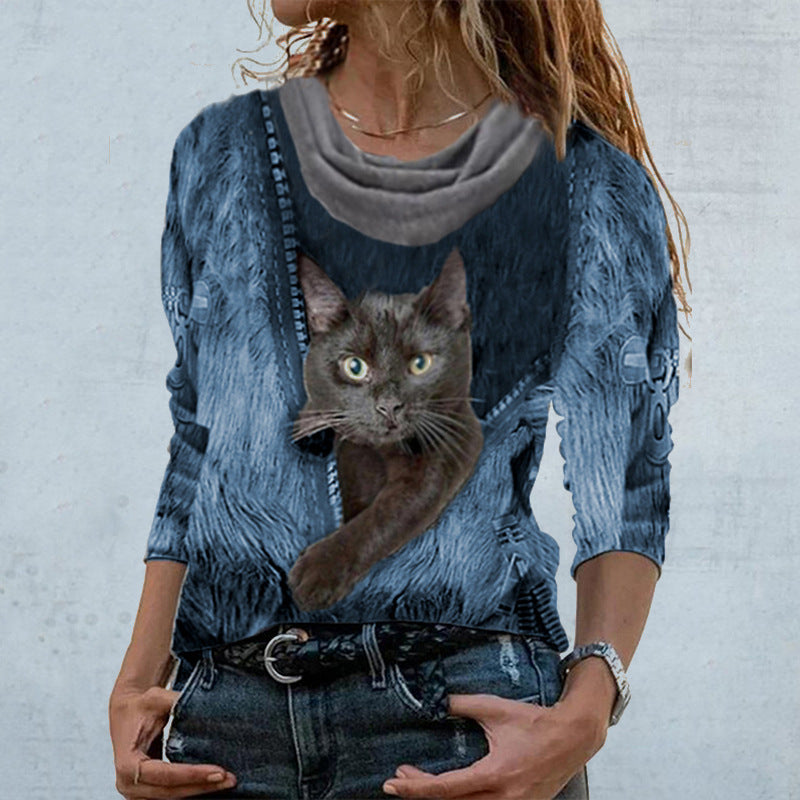 Women's Cat Print Pullover Sweater — Cute Casual Knit Top