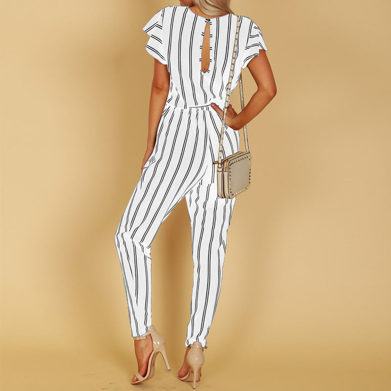 Elegant Striped V-Neck Backless Jumpsuit