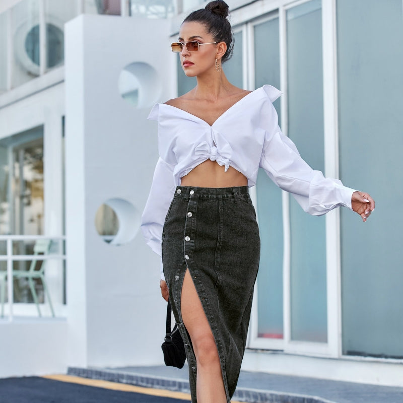 Irregular Slit High Waist Denim Skirt for Women