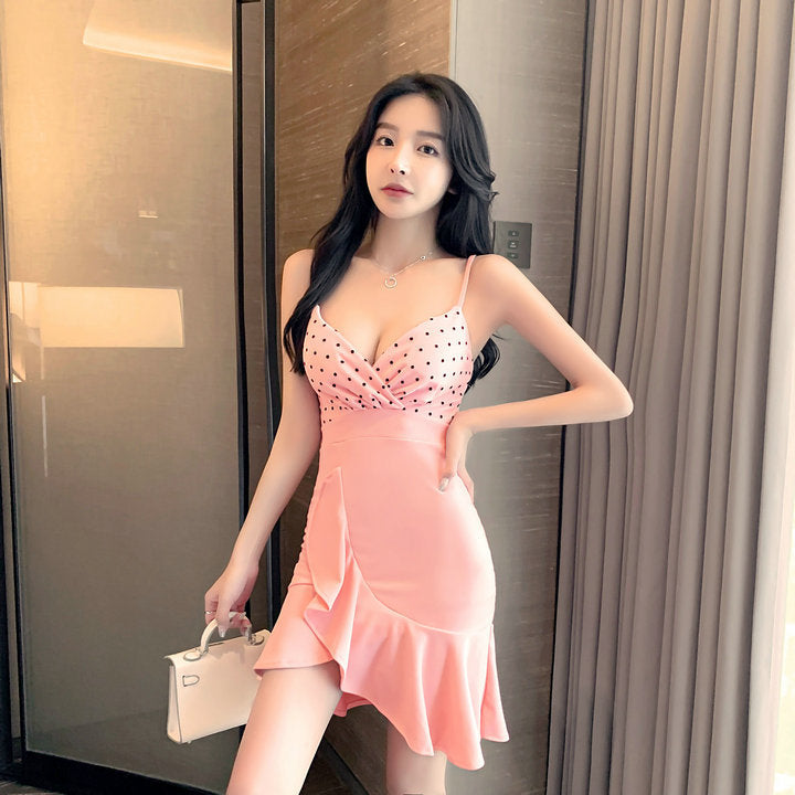 Irregular Dress with Stitching Straps and Wooden Ears