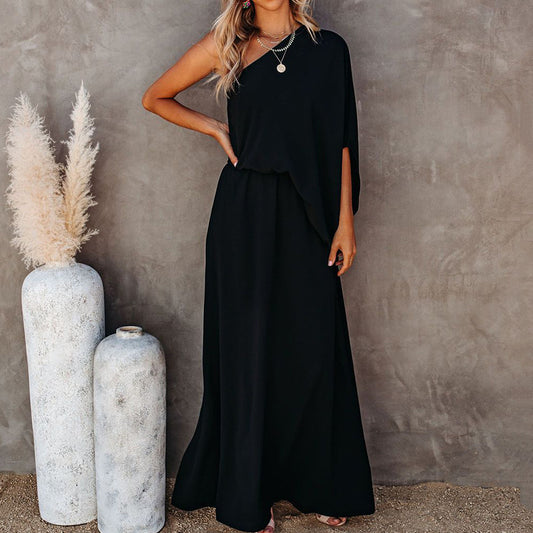 Oblique Collar Off-Shoulder Dress with Side Slit