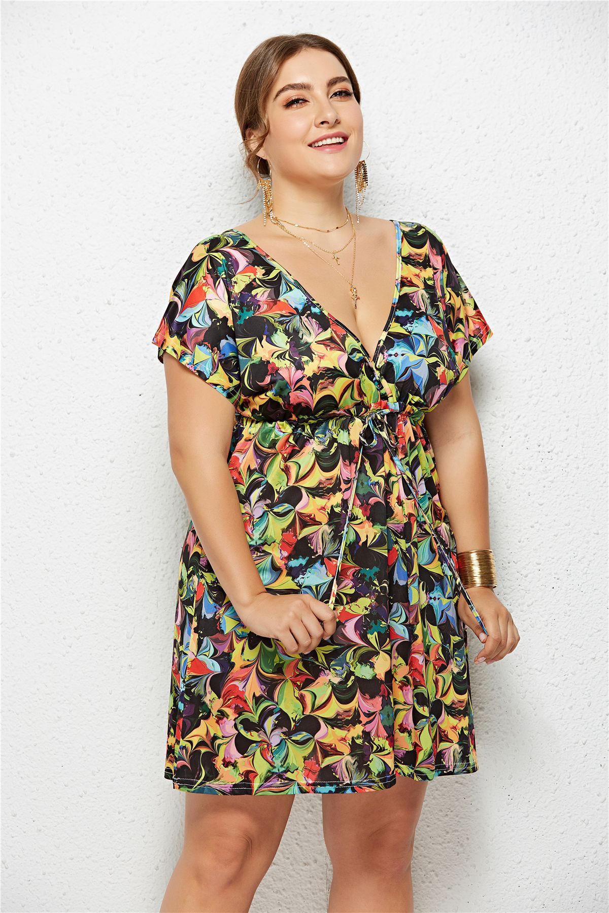 Women's Printed Deep V-Neck Dress — Elastic Waist