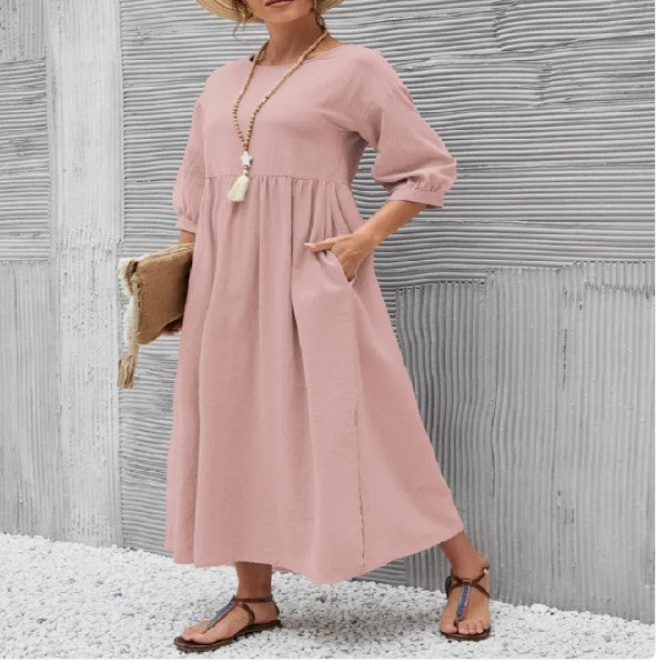 Women's Cotton Round Neck A-Line Skirt Dress