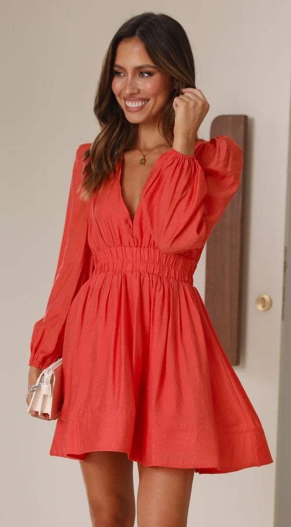 Fashionable Deep V Waist-Defined Long Sleeve Dress