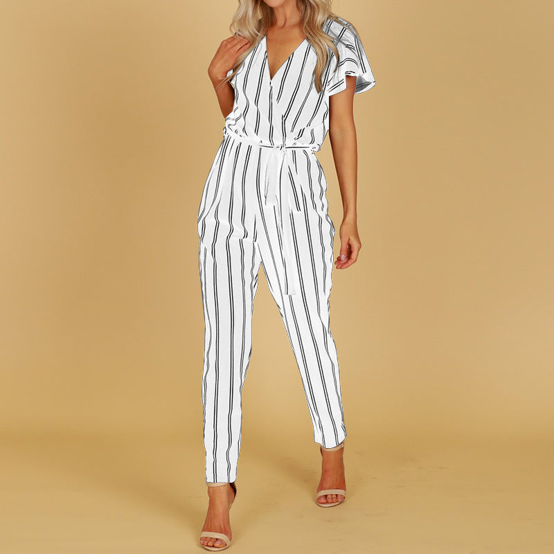 Elegant Striped V-Neck Backless Jumpsuit