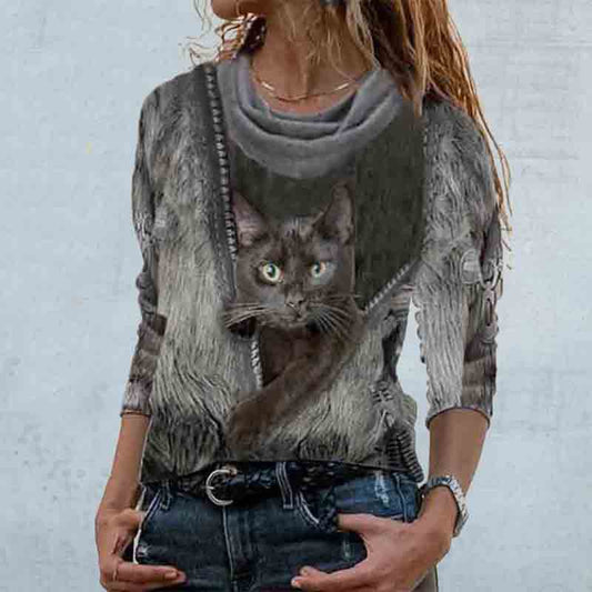 Women's Cat Print Pullover Sweater — Cute Casual Knit Top