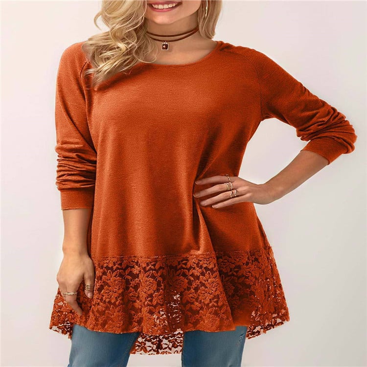 Hooded Long-sleeved T-shirt with Lace Stitching