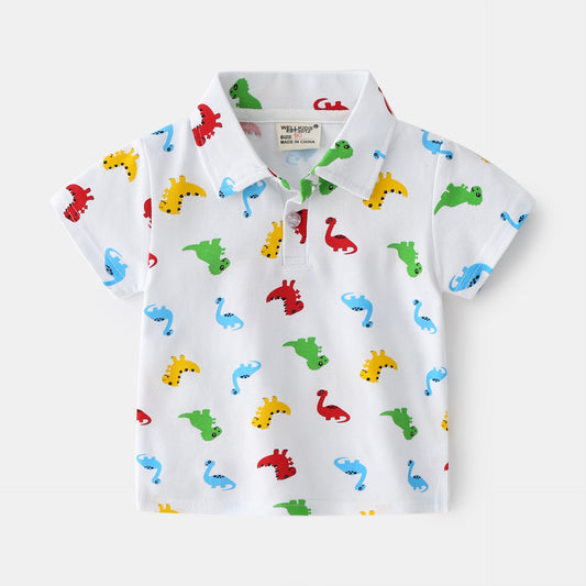 Summer Dinosaur Cartoon Print Boy's Short Sleeve Shirt