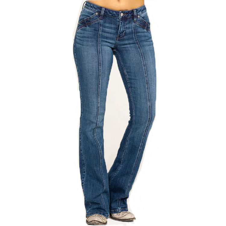Slim Fit Mid Rise Flare Denim Jeans with Pockets