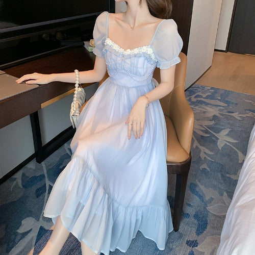 Women's Square Neck Short Sleeve Long Waist Dress