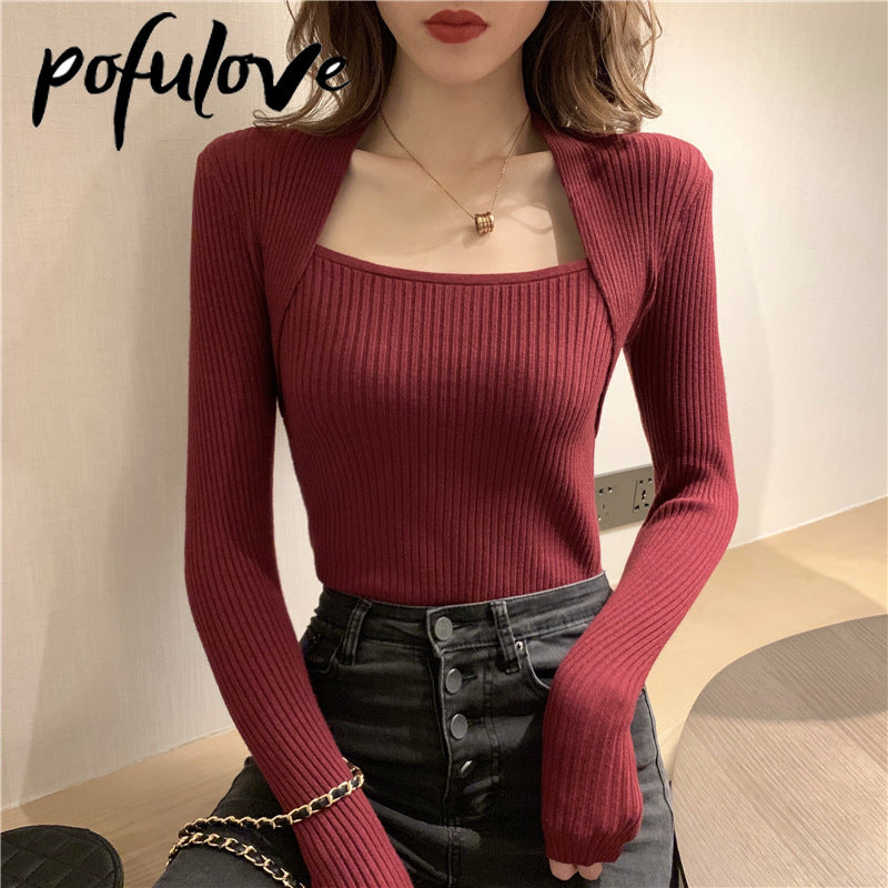 Women's Square Neck Sexy Knitted Casual Jumper