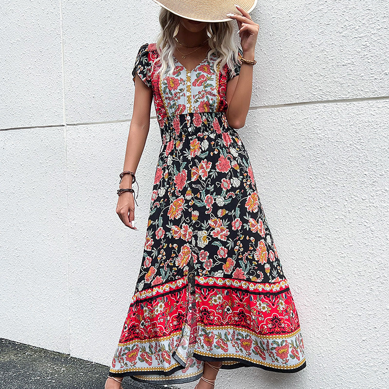 Summer Ethnic Style V-Neck Vacation Dress for Women