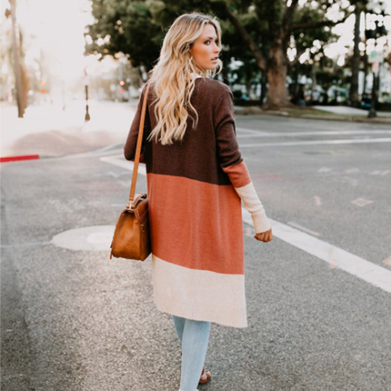 Women's Color Block Cardigan Sweater | Three-Tone Knit | Orange, Khaki, Blue, Grey | S–XXL