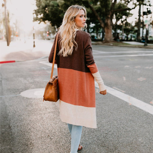Women's Color Block Cardigan Sweater | Three-Tone Knit | Orange, Khaki, Blue, Grey | S–XXL