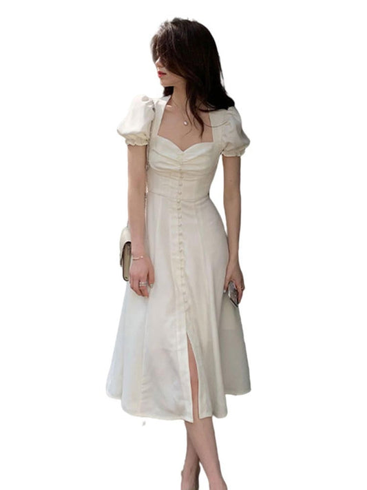 Square Neck Waist Tie Bubble Sleeve Dress for Women