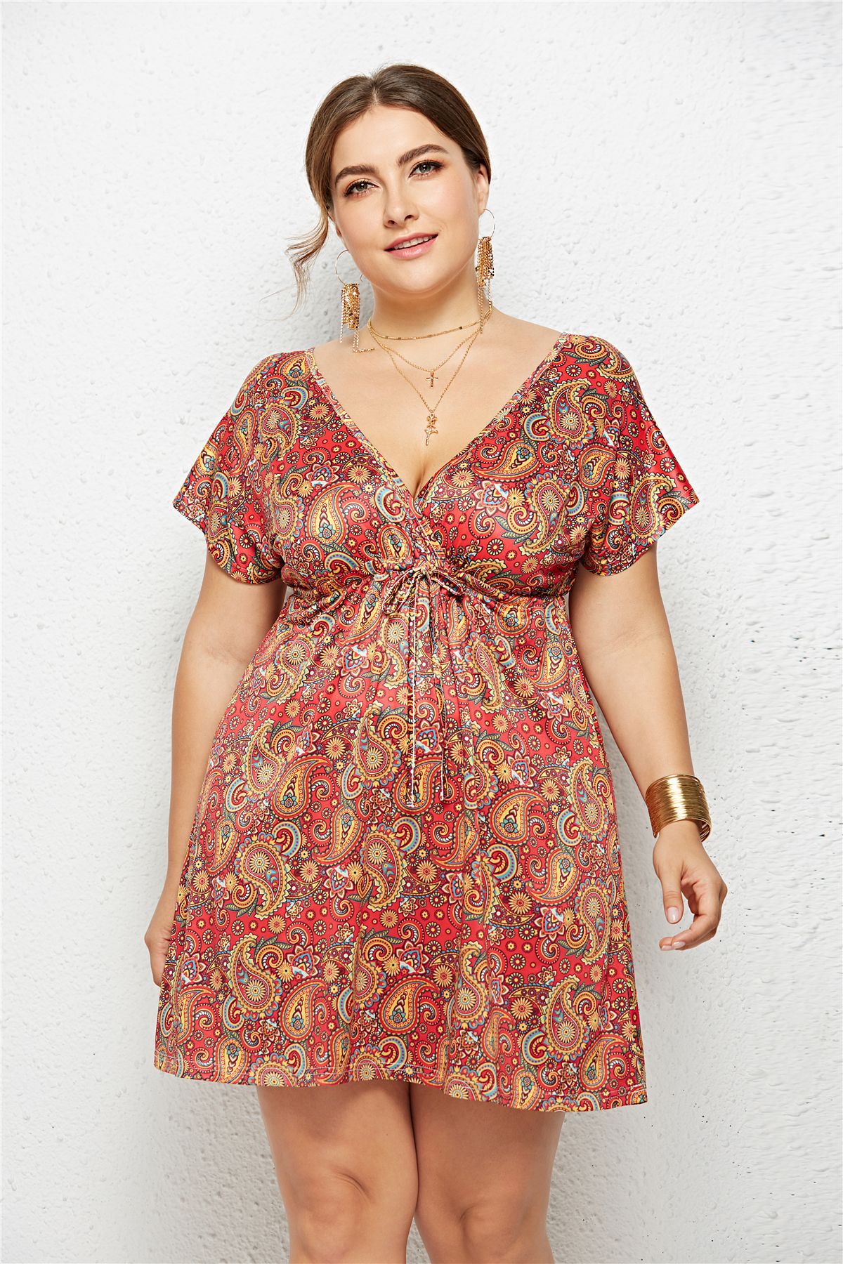 Women's Printed Deep V-Neck Dress — Elastic Waist
