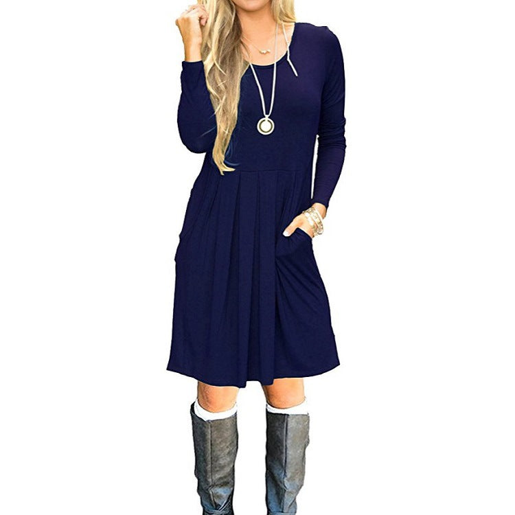 Graceful Fashionable Pleated Round-neck Long-sleeve Dress